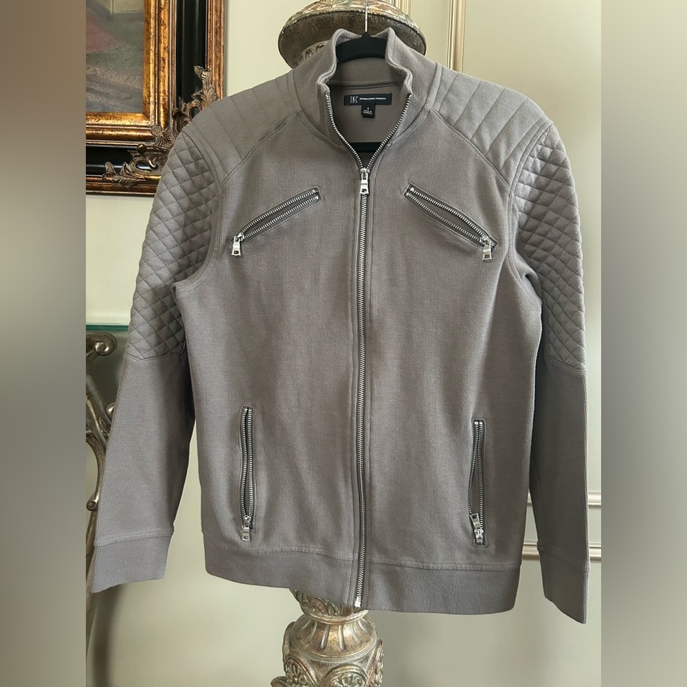 INC Taupe Moto Zip Track Jacket Quilted Sleeve Minimalist Streetwear Men’s Small - Picture 2 of 7